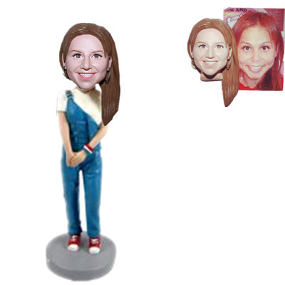 Custom Bobble Head Fashion Lady in Overalls