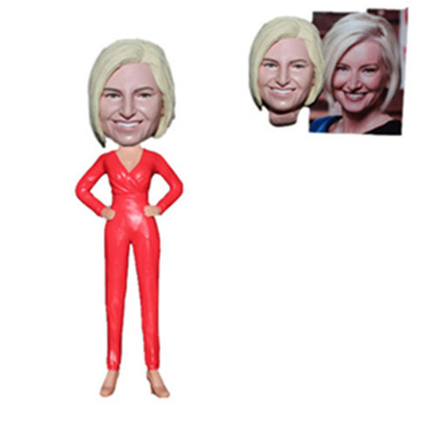 Custom Female Bobblehead Lady in Red Overall