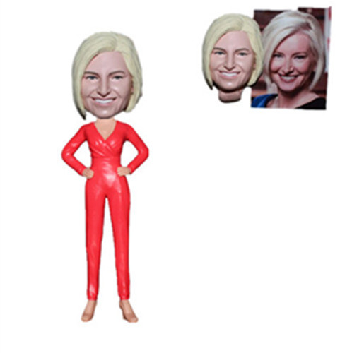 Custom Female Bobblehead Lady in Red Overall