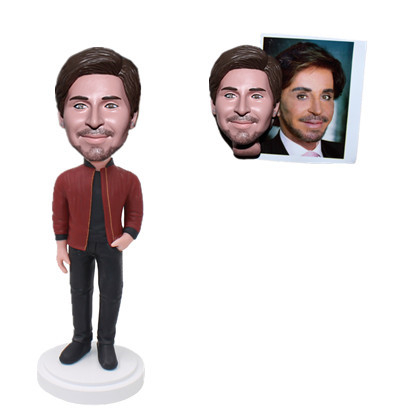 Custom Bobble Head Fashion Man in Maroon Color Coat with Hand in Jeans Pocket