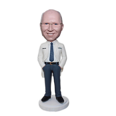 Custom Male Doctor Bobble Head Doctor in Lab Coat with Hands in Pockets