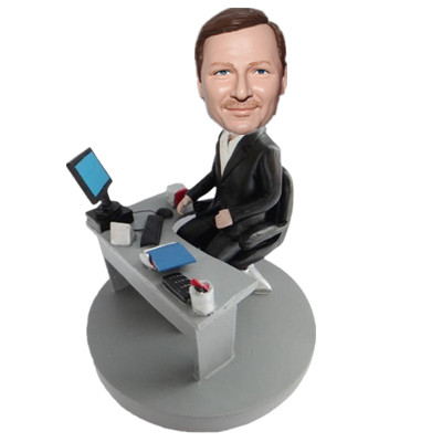 Cooperative Gift for Man in Suit And Sitting at Office Desk Custom Male Boss Bobble Head