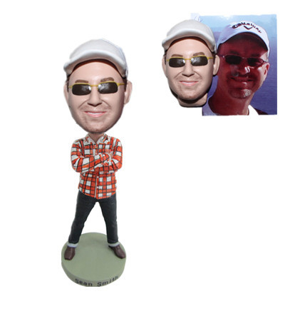 Custom Bobble Head Man In Plaid Shirt with Hands on The Chest Casual Bobbleheads
