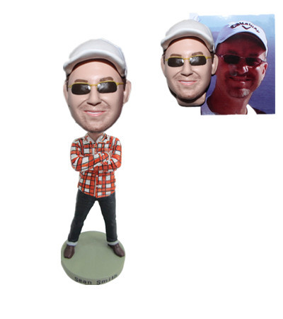 Custom Bobble Head Man In Plaid Shirt with Hands on The Chest Casual Bobbleheads