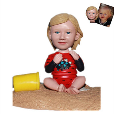 Custom Baby Bobblehead Girl Sitting on Sand Beach Birthday Gift