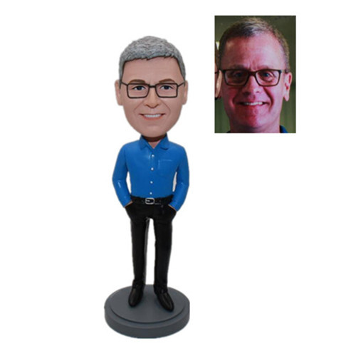 Fashion Mam in Blue Shirt with Hands in Pockets Custom Bobble Heads Company Gift