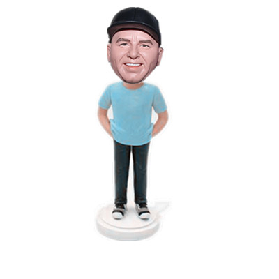 Man in Blue Tshirt with Hands in Pockets Casual Male Bobblehead