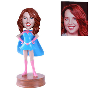 Personalized Superwoman in Blue Suit Blue Cape Custom Bobblehead