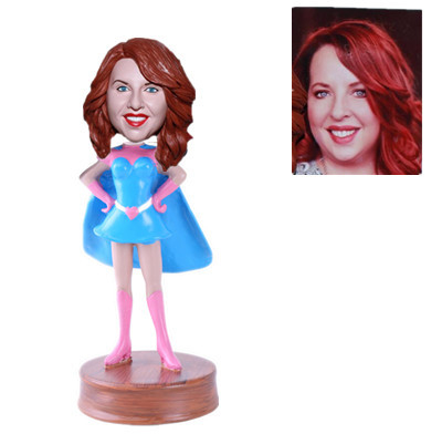 Personalized Superwoman in Blue Suit Blue Cape Custom Bobblehead