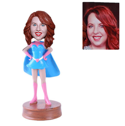 Personalized Superwoman in Blue Suit Blue Cape Custom Bobblehead