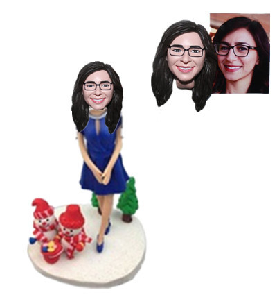 Custom Bobblhead Lady in Blue Dress with Snowman on Base