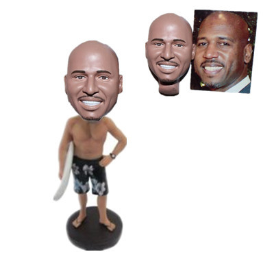 Custom Bobble Head Man in Hawaii Shorts with A Surfboard
