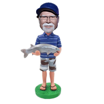 Bobble Head Fishing Man Holding Fish Fisher Gift
