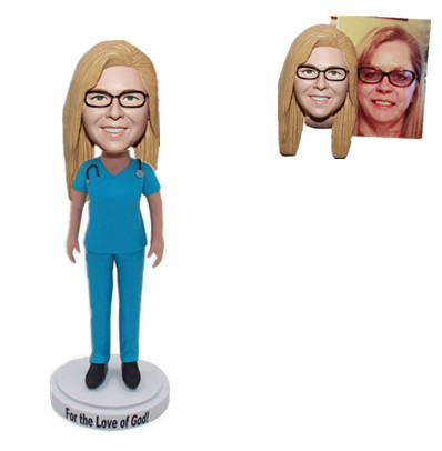 Custom Nurse Bobbleheads In Blue Scrubs