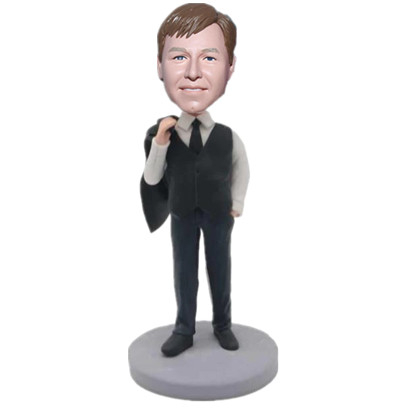 Custom Bobblehead Male Office Staff Gift Man In Black Suit And Coat Over Shoulder