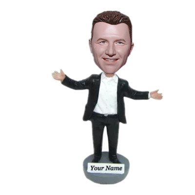 Custom Bobble Head Man Dressed In Business Casual Suit With Arms Raised