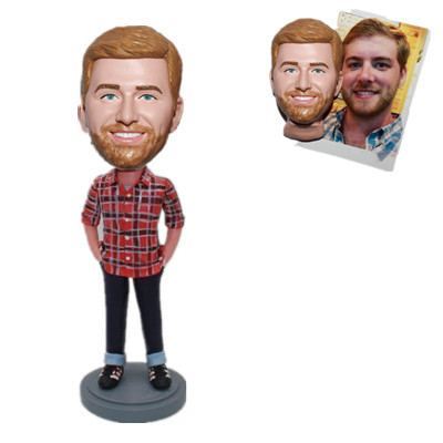 Custom Bobble Head Man in Plaid Shirt with Hands in Pockets