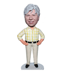 Man in Plaid Shirt with Hands in Waist Grandpa Bobblehead