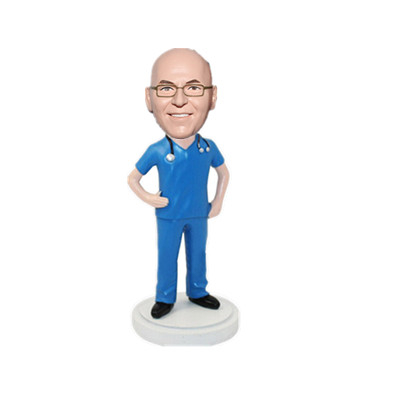 Custom Male Nurse Bobbleheads in Blue Scrubs