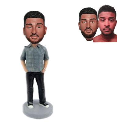 Custom Casual Bobblehead Man in Plaid Shirt with Hands in Pockets