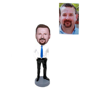 Man In White Shirt With Blue Tie Bobblehead Hands In Pockets Groomsman