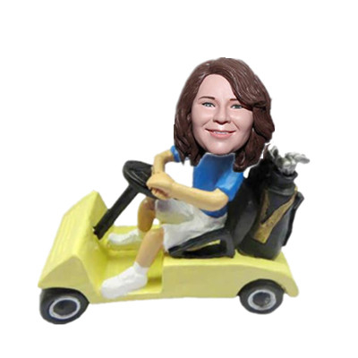 Custom Bobble Head Golfer in A Golf Cart Female Boss Gift