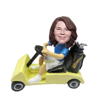Custom Bobble Head Golfer in A Golf Cart Female Boss Gift