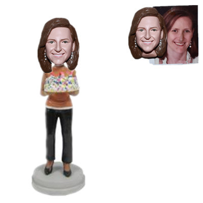 Custom Birthday Bobblehead Lady Holding A Birthday Cake