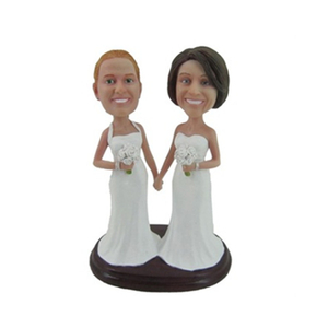 Custom Lesbian Bobblehead Female Couple Hand in Hand Wedding Cake Toppers