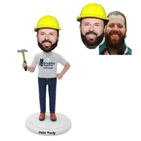 Custom Engineer Bobbleheads Architect with Hard Hat Holding A Hammer Company Gift