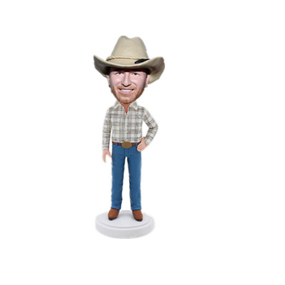 Cowboy Bobblehead Man in Plaid Shirt Cowboy Hat