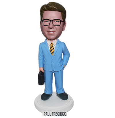 Male Boss Custom Bobblehead Man in Blue Suit with Briefcase