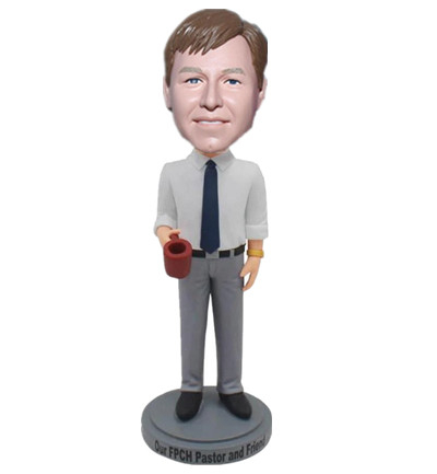Custom Casual Male Bobblehead Man in White Shirt with Cup