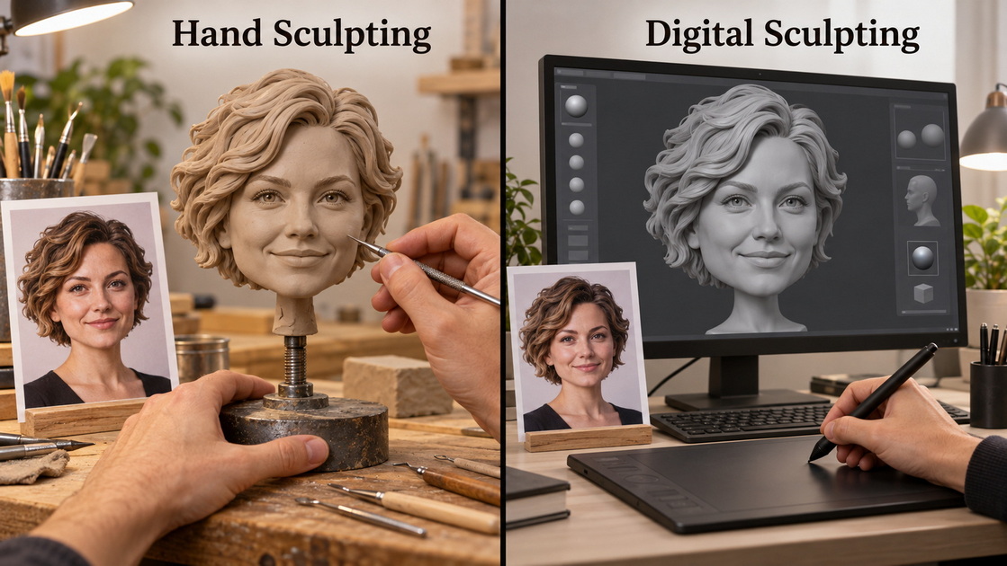 Hand Sculpting And Digital Portrait Development